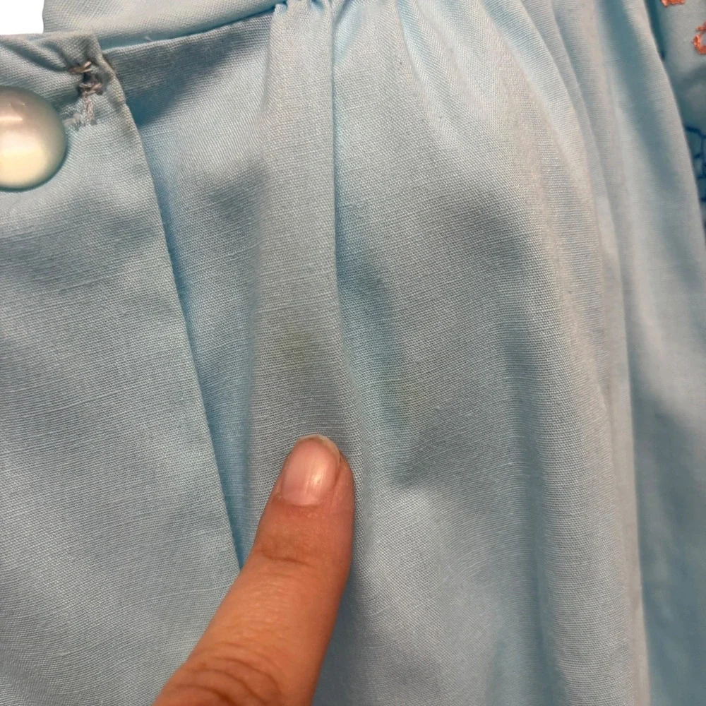 Vintage Light Blue Embroidered Button Front House Dress Robe Pockets Retro L